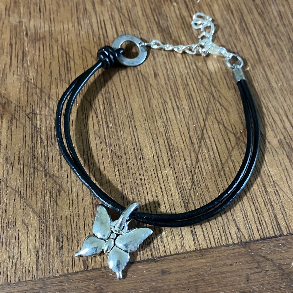 Silver Butterfly Charm Black‎ Leather Anklet